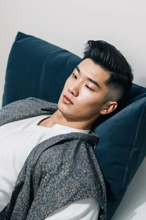 (masterpiece:1.35),(bestquality:1.4),8k,ultra-detailed,photography,(ultra-realistic:1.4),film grain,Fujifilm XT3,1boy,adult,(slim Asian male:1.45),solo,male focus,shirt,open coat,pants,simple background,(Undercut Haircut,Bored,Reclining:1.45),