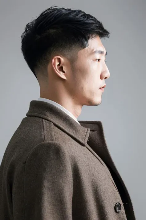 (masterpiece:1.35),(bestquality:1.4),8k,ultra-detailed,photography,(ultra-realistic:1.4),film grain,Fujifilm XT3,1boy,adult,(slim Asian male:1.45),solo,male focus,shirt,open coat,pants,simple background,(Side Part Haircut,Depressed,Parody:1.45),