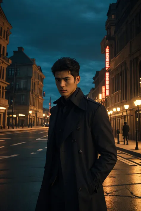 (masterpiece:1.35),(bestquality:1.4),8k,ultra-detailed,photography,(ultra-realistic:1.4),Art Composition,1boy,solo,male_focus,asian slim male,trench coat,pants,black hair,shot_hair,on the street,cinematic still,emotional,harmonious,vignette,highly detailed,high budget,bokeh,cinemascope,moody,epic,gorgeous,film grain,grainy,global illuminations,Ambient lighting,