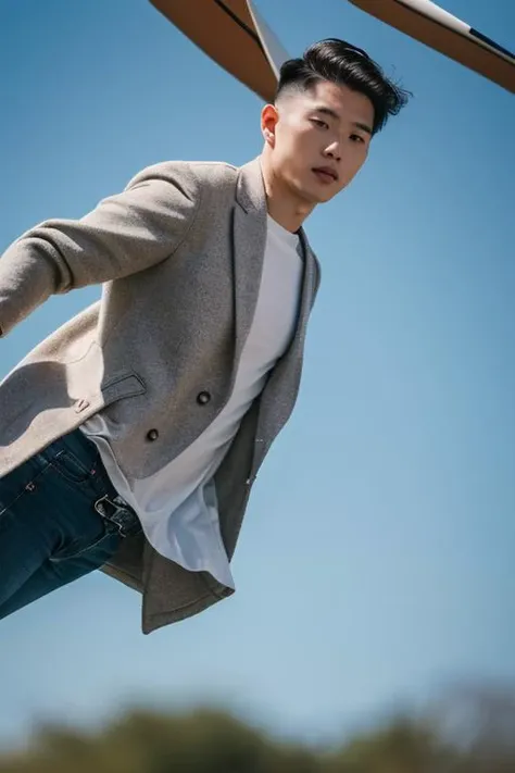 (masterpiece:1.35),(bestquality:1.4),8k,ultra-detailed,photography,(ultra-realistic:1.4),film grain,Fujifilm XT3,1boy,adult,(slim Asian male:1.45),solo,male focus,shirt,open coat,pants,simple background,(Layered Haircut,Wince,Flying:1.45),