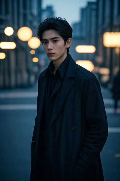 (masterpiece:1.35),(bestquality:1.4),8k,ultra-detailed,photography,(ultra-realistic:1.4),Art Composition,1boy,solo,male_focus,asian slim male,trench coat,pants,black hair,shot_hair,on the street,cinematic still,emotional,harmonious,vignette,highly detailed,high budget,bokeh,cinemascope,moody,epic,gorgeous,film grain,grainy,global illuminations,Ambient lighting,<lora:LCM-SD1.5:1>,