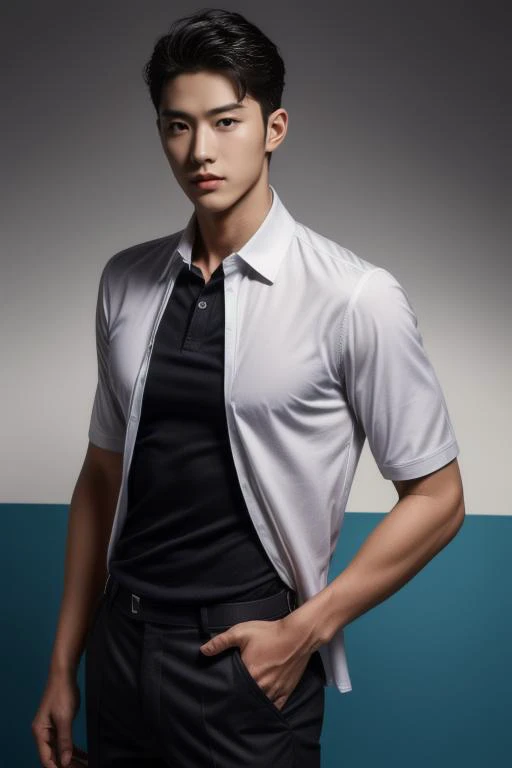 ((masterpiece)),((bestquality)),8k,high detailed,ultra-detailed,photography,award winning,documentary,Original Photo,realistic,(EOS R8,50mm,f/2.8,8K,RAW photo:1.2),(simple color background:1.41),cinematic lighting,Soft illuminaotion,(solo:1.4),20-years-old asian boy,(portrait:1.44),tall,thin,handsome face,real skin texture,well-proportioned hands,good shape legs,black eyes,solid eyes,thick eyebrows,Standing with stylish pose,Dark color Polo shirt,suit pants,boots,bare chest male,pulled open shirt,abs,muscular,(portrait:1.25),<lora:add_detail:0.8>,<lora:muscle_slider_v1:-0.34>,<lora:weight_slider_v2:-0.21>,Classic Slicked Back,Briefcase,