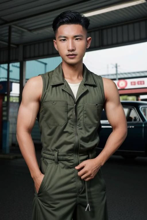 1man, Taiwanese professional photo of syahnk , In the style of (Asian), 1950s gasstation, muscular mechanic , jumpsuit ,photorealistic,army hairstyles, dark skinned male,sweating_profusely, workout