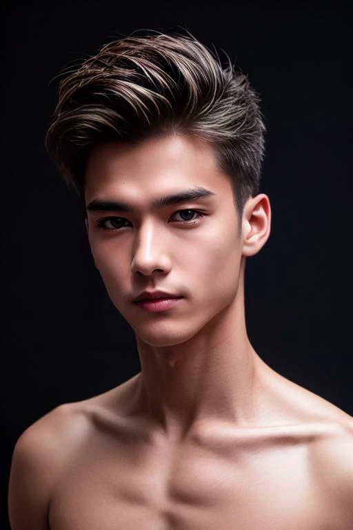 ((masterpiece)),((bestquality)),photography,award winning,documentary,8k,high detailed,ultra-detailed,depth of field,1boy,adult,male focus,handsome face,slim,real skin texture,well-proportioned hands,solo,face difference,model,thick  eyebrows,topless male,boxie,,,[||],,,[|],,in the studio,{Golden Ratio|Portrait|Cinematic Shot},({Uniform lighting|Low key lighting|cold light|Light painting}),(simple background:1.45),<lora:add_detail:1>,