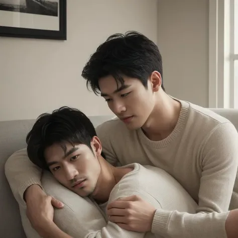 ((masterpiece)),((bestquality)),8k,high detailed,ultra-detailed,photography,award winning,documentary,Original Photo,realistic,2boys,gay couple,ultra quality,Fujifilm XT3,crystal clear,8K UHD,high detail,ultrarealistic,hairs,pubic hair,((realistic skin), ((pores)), ((high detailed skin)),romance,intimacy,Asian men,cozy atmosphere,soft lighting,tender expressions,realistic photo-like artwork,potential for world photography awards,homey setting,comfortable sofa,loving gestures,genuine connection,subtle details,captivating gaze,warm colors,inviting ambiance,authentic emotions,,