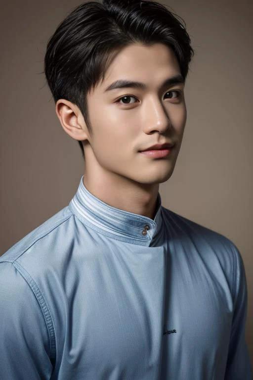 ((masterpiece)),((bestquality)),8k,high detailed,ultra-detailed,photography,award winning,documentary,Original Photo,realistic,([Uniform lighting|Firelight|global illuminations|Low contrast lighting]),(EOS R8,50mm,F1.2,8K,RAW photo:1.2),1boy,adult male,(solo),Asian slim male,(topless male:1.25),Golden Ratio,portrait,<lora:add_detail:0.7>,simple background,Kind Smile,