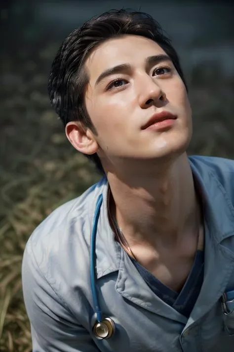 ((((masterpiece,best quality,ultra-realistic)))),ultra-detailed,photography,1boy,30-year-old male,solo,slim Asian boy,(((Male Doctor))),((portrait, detailed skin, real skin texture)),<lora:add_detail:1>,(((bird view,looking up,overhead shot,Unsheathing,Yandere,Blowing,Blade lighting))),
