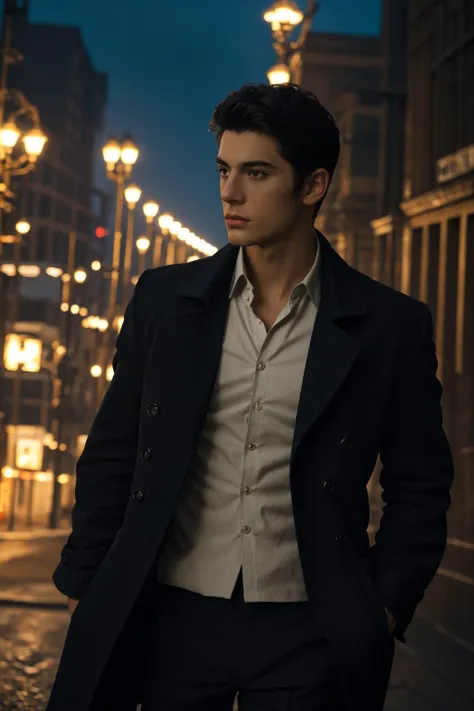 (masterpiece:1.35),(bestquality:1.4),8k,ultra-detailed,photography,(ultra-realistic:1.4),Art Composition,1boy,solo,male_focus,trench coat,pants,black hair,shot_hair,on the street,cinematic still,emotional,harmonious,vignette,highly detailed,high budget,bokeh,cinemascope,moody,epic,gorgeous,film grain,grainy,global illuminations,Ambient lighting,
