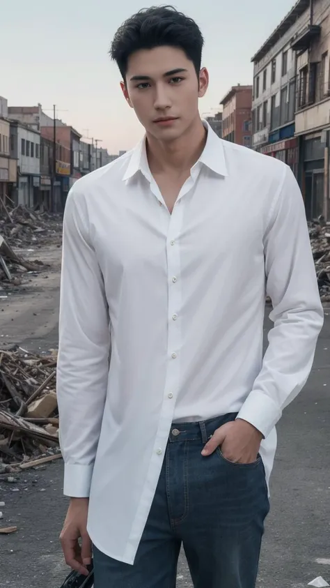(masterpiece:1.21),(bestquality:1.21),8k,high detailed,ultra-detailed,photography,award winning,documentary,realistic,crystal clear,8K UHD,high detail,ultrarealistic,handsome and muscular young Asian guy,white shirt unbuttoned across his chest,looking at camera in an apocalyptic city,high definition,8k.,