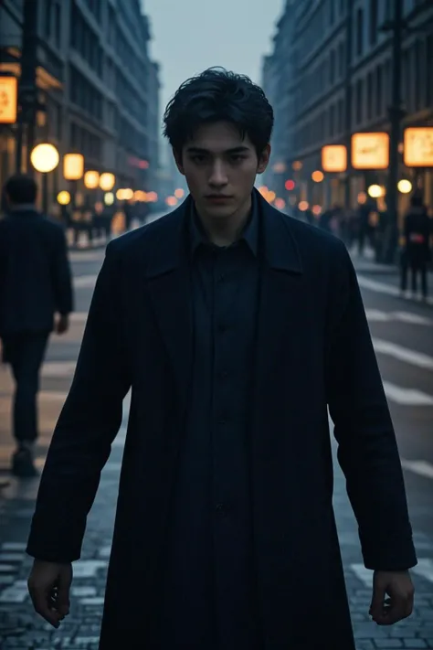 (masterpiece:1.35),(bestquality:1.4),8k,ultra-detailed,photography,(ultra-realistic:1.4),Art Composition,1boy,solo,male_focus,asian slim male,trench coat,pants,black hair,shot_hair,on the street,cinematic still,emotional,harmonious,vignette,highly detailed,high budget,bokeh,cinemascope,moody,epic,gorgeous,film grain,grainy,global illuminations,Ambient lighting,<lora:LCM-SD1.5:1>,