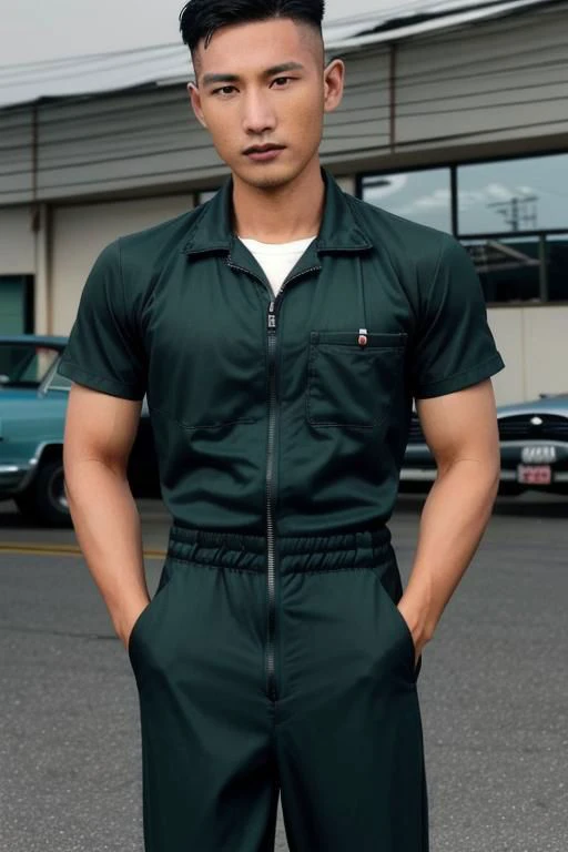 1man, Taiwanese professional photo of syahnk , In the style of (Asian), 1950s gasstation, muscular mechanic , jumpsuit ,photorealistic,army hairstyles, dark skinned male,sweating_profusely, workout