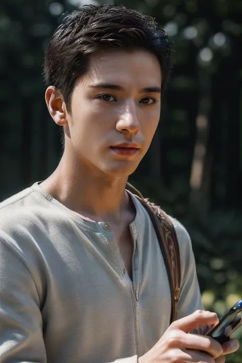 ((((masterpiece,best quality,ultra-realistic)))),ultra-detailed,photography,1boy,30-year-old male,solo,slim Asian boy,(((Male Writer))),((portrait, detailed skin, real skin texture)),<lora:add_detail:1>,(((top-down,Looking At Phone,establishing shot,fighting stance,Frustrated,Posing,Practical special effect lighting))),