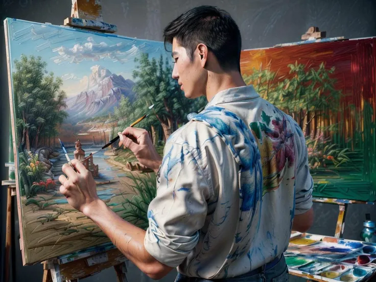 (((HDR,UHD,8K,best quality,masterpiece,Insane Details))),(((high quality photography, Canon EOS R3, photorealistic))),1boy,solo,slim Asian boy,(((a man with a drawing board is painting in oils,back view, cowboy shot))),highly-detailed illustration,colorful energetic brush strokes,artist impression,highly detailed characters,art station landscape,<lora:add_detail:1>,