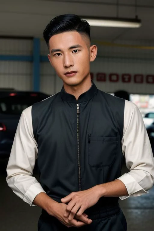 1man, Taiwanese professional photo of syahnk , In the style of (norman rockwell), 1950s gasstation, muscular mechanic , jumpsuit ,photorealistic,army hairstyles, dark skinned male,sweating_profusely, workout