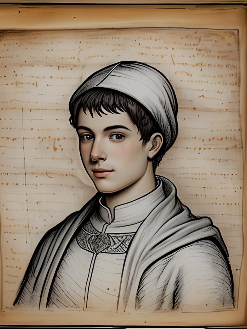 medieval art, Byzantine, forgotten_pages a drawing of a handsome young man, upper body, looking at viewer <lora:forgotten_pages:0.8>