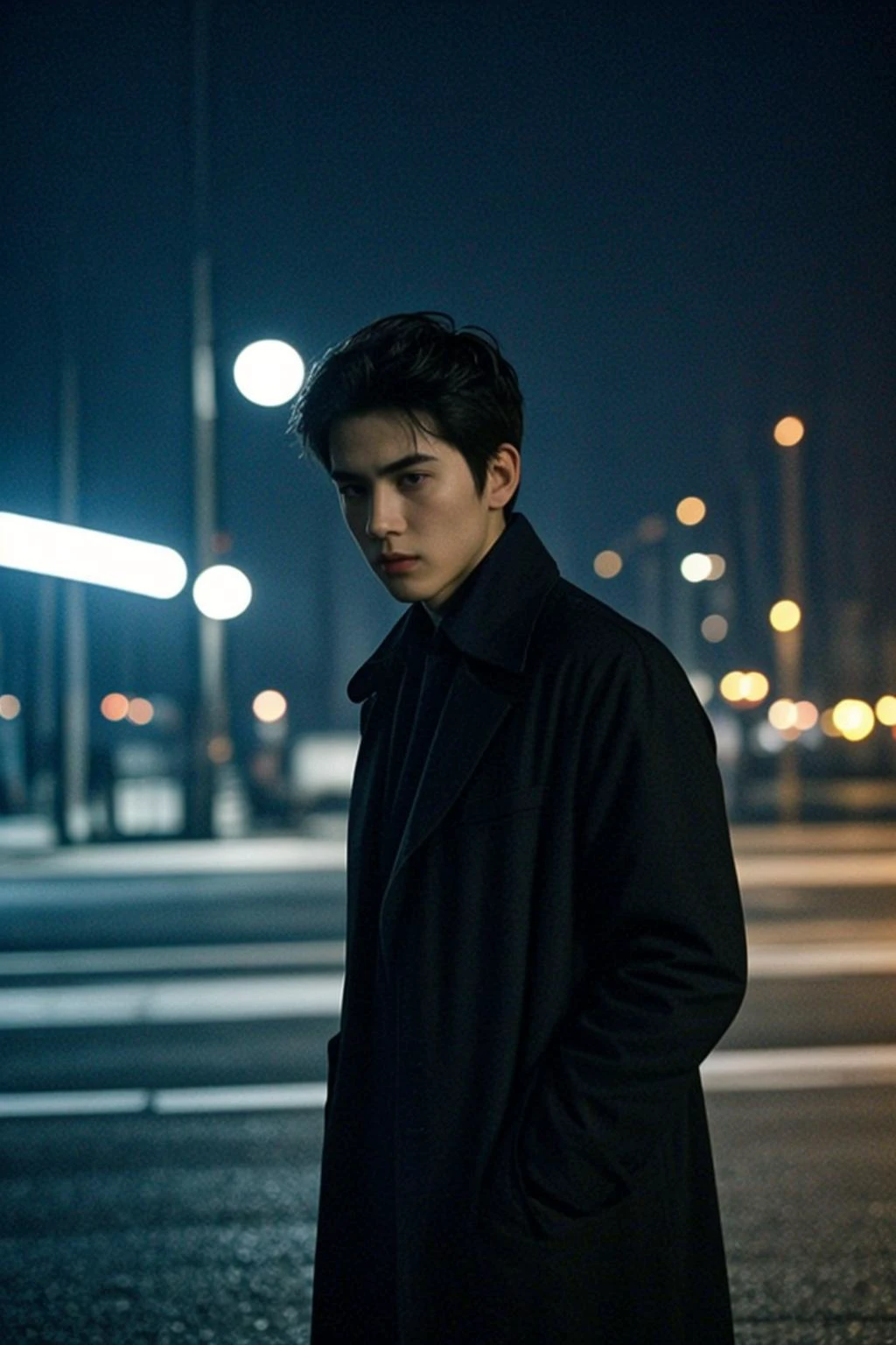 (masterpiece:1.35),(bestquality:1.4),8k,ultra-detailed,photography,(ultra-realistic:1.4),Art Composition,1boy,solo,male_focus,asian slim male,trench coat,pants,black hair,shot_hair,on the street,cinematic still,emotional,harmonious,vignette,highly detailed,high budget,bokeh,cinemascope,moody,epic,gorgeous,film grain,grainy,global illuminations,Ambient lighting,<lora:LCM-SD1.5:1>,