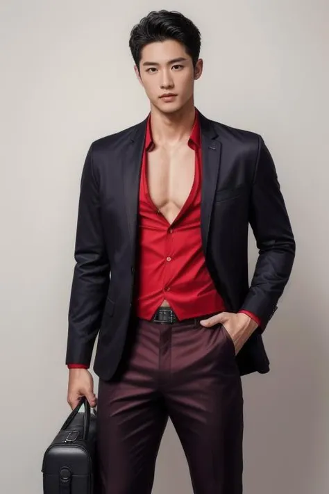 Un joven hombre, 25 years old,musculoso,fornido y con una belleza masculina, con ropa informal y elegante.