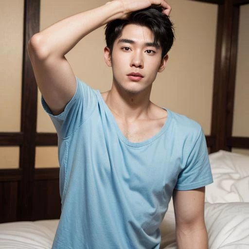 (8k, RAW photo, best quality, (realistic, photo-realistic), 1man, short hair, half-Japanese man aged 21years old, gorgeous guy, cinematic lighting, flawless skin tones, short haircut, shirtless chest, {{{masterpiece}}}, gorgeous guy, pillow fighting in his underwear, perfectly toned body, tall and lean figure, ectomorph, male, beautiful face, gorgeous face, beautiful eyes, cinematic lighting, underarm hair, treasure trail, view from the front, cute face, (((grabbing his bulge)), realistic male bulge, mixed race Japanese/Australian, hybrid