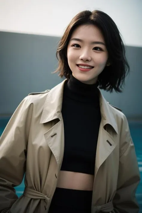 ((masterpiece)),((bestquality)),8k,high detailed,ultra-detailed,photography,award winning,documentary,Original Photo,Realisticity,simple background,
1girl,solo,Real Skin Texture,(different face features:1.4),Flat stomach,Highly Detailed Hands,slender,makeup,nail polish,bound wrists,trench  coat,black  leggings,,,Female Beautician,Swimming,theater,[Daylight simulation lighting|Bounce lighting|front lighting],[Golden Ratio|Portrait|Cinematic Shot,eye level view/level gaze/straight gaze],Facing Away,F/1.4,35 mm Lens,Wide shot,(Giggling:1.25),