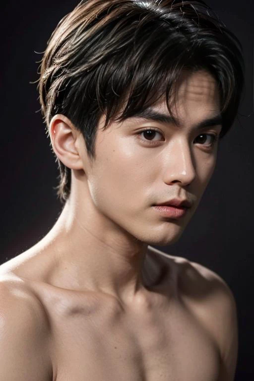 ((masterpiece)),((bestquality)),8k,high detailed,ultra-detailed,Realistic,professional photography,85mm lens,front view,halfbody shot,photograhpy,sharp focus,HD,8k,(simple background:1.4333),portrait,
1boy,(topless:1.47),solo,tall,thin,slim asian boy,handsome face,(real skin texture:1.334),1950s Hairstyles for Men,well-proportioned hands,black eyes,thick eyebrows,solid eyes,(((Stubble))),<lora:add_detail:0.8>,([Tilt lighting|Light painting|top light|Tungsten lighting|Energy-efficient lighting]),
