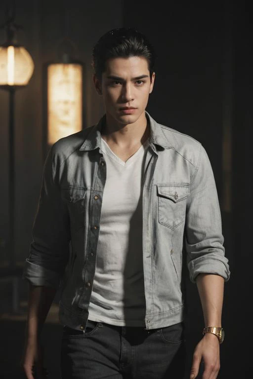 (((best quality, masterpiece, ultra-detailed, best aesthetic, high quality anime, Art Composition, Gold Ratio,1boy,Asian,male_focus))),,Stargaze through a telescope on a clear night,A casually dressed man, wearing jeans and a t-shirt, with a mischievous grin,high and tight,"V-neck t-shirt in a soft cotton blend, Distressed jeans in a light wash, Leather jacket with quilted panels, High-top sneakers in a canvas material, Bracelet with wooden beads",Stipple art realism Dotted texture gradient shading pointillism-inspired,Electroluminescent wire glow,Action Photography,Candid Photography,"a voluptuous woman,Film noir style Monochrome high contrast dramatic shadows 1940s style mysterious cinematic,Peter Lindbergh,Beautifully Lit,professional,Ilford HP5+ 400,Neon Light,Tintype Photography,X-Ray Photography,Chiaroscuro,Prominent Grain,Leica M3 Analog","master chief from halo, realistic, unreal, highly detailed, 8 k, trending artstation, concept art, sharp focus"