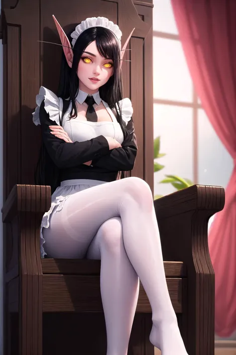 <lora:bloodelf-warcraft-richy-v1:1>, bldelf, glowing eyes, colored sclera, pointy ears, black hair, very long hair, throne, sitting, (crossed legs:1.1), pantyhose, (white pantyhose:1.2), maid, maid headdress, maid apron, skirt, foot focus, light smile, closed mouth crossed arms,