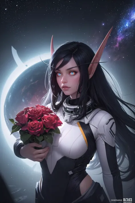 <lora:bloodelf-warcraft-richy-v1:1>, bldelf, glowing eyes, colored sclera, pointy ears, black hair, very long hair,
Growing rose in a broken helmet of an astronaut in open space, galaxy, nebula, photorealistic, 8k octane render, hyper detailed, volumetric lighting, hdr,