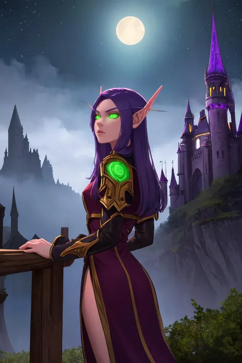 masterpiece, best quality, 1girl, solo, <lora:bloodelf-warcraft-richy-v1:1> bldelf, glowing eyes, green eyes, purple hair, looking away, fantasy, castle, elven architecture, night, darkness, dark, night sky