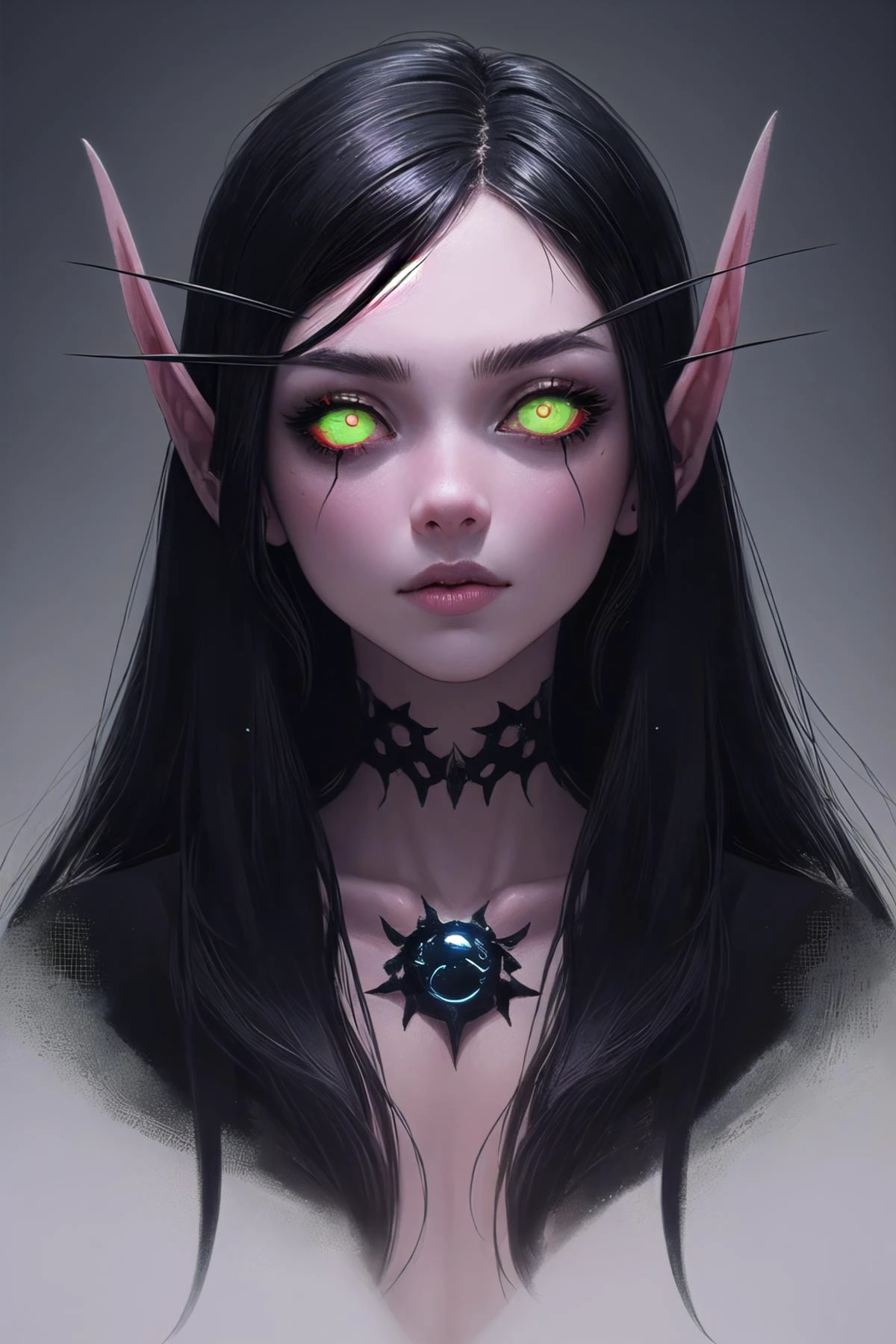 <lora:bloodelf-warcraft-richy-v1:1>, bldelf, glowing eyes, colored sclera, pointy ears, black hair, very long hair,
Masterpiece, best quality, portrait of a age girl, (necropunk style:1.2),
