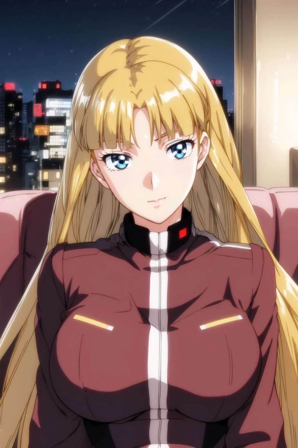 (Night:1.7), Cyberpunk_CityView, Before Window,
sitting at attention,sitting on couch,
Brown_ jacket,military, military uniform,long sleeves,
<lora:ChloeMansfield-V1:0.3>,<lora:Lucille_Liliant_GundamX-KK77-V1:0.7>,
blonde hair ,blue eyes,long hair,bangs,
1 girl, 20yo,Young female,Beautiful Finger,Beautiful long legs,Beautiful body,Beautiful Nose,Beautiful character design, perfect eyes, perfect face,expressive eyes,
looking at viewer, in the center of the image,(Upper_body),(Focus on her face),
official art,extremely detailed CG unity 8k wallpaper, perfect lighting,Colorful, Bright_Front_face_Lighting,shiny skin,
(masterpiece:1.0),(best_quality:1.0), ultra high res,4K,ultra-detailed,
photography, 8K, HDR, highres, absurdres:1.2, Kodak portra 400, film grain, blurry background, bokeh:1.2, lens flare, (vibrant_color:1.2)
(Beautiful,large_Breasts:1.4), (beautiful_face:1.5),(narrow_waist),