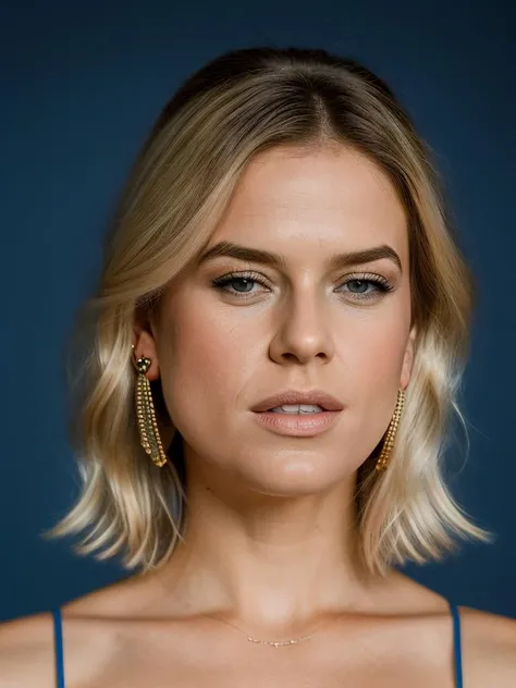 Realistic photo of a beautiful 4l1c33v3-v1 woman, 1girl, solo, (((blonde hair))), jewelry, earrings, parted lips, teeth, lips, blue background, portrait, realistic, nose, soft lighting, professional Photography, Photorealistic, detailed, RAW, analog, sharp focus, 8k, HD, DSLR, high quality, Fujifilm XT3, film grain, award winning, masterpiece<lora:4l1c33v3-v1:1.0>