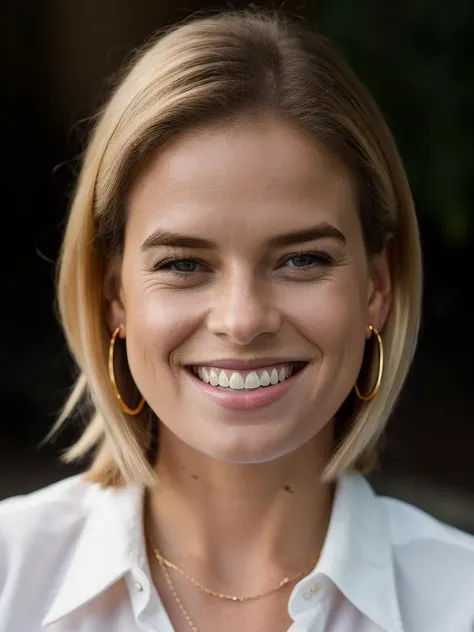 Realistic photo of a beautiful r4ch3lm-v2 woman, 1girl, solo, long hair, looking at viewer, smile, (((blonde hair))), jewelry, upper body, earrings, teeth, mole, grin, lips, mole under eye, messy hair, portrait, freckles, realistic, mole on neck, mole on cheek, soft lighting, professional Photography, Photorealistic, detailed, RAW, analog, sharp focus, 8k, HD, DSLR, high quality, Fujifilm XT3, film grain, award winning, masterpiece<lora:r4ch3lm-v2:1.0>