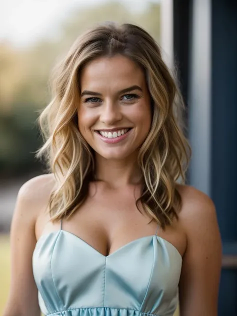 Realistic photo of a beautiful 4l1c33v3-v1 woman, 1girl, solo, long hair, breasts, smile, blue eyes, blonde hair, dress, cleavage, medium breasts, teeth, grin, blurry, lips, looking to the side, blue dress, realistic, soft lighting, professional Photography, Photorealistic, detailed, RAW, analog, sharp focus, 8k, HD, DSLR, high quality, Fujifilm XT3, film grain, award winning, masterpiece<lora:4l1c33v3-v1:1.0>
