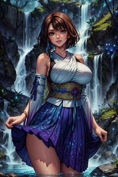 (masterpiece:1.2, best quality:1.2, beautiful, high quality, highres:1.1, aesthetic), detailed, extremely detailed, ambient soft lighting, 4K, perfect eyes, perfect face, perfect lighting, 1girl, solo, huge breasts, huge thighs, narrow waist, wide hips, thick thighs, curvy, standing, holding blue staff, looking at viewer, facing viewer, forest background, water spring, water pool, FFX Macalania, night, blue crystals in background, outdoors, YunaFFX, heterochromia, smile, short hair, YunaOutfit, hair ornament, detached sleeves, hakama, sash, hakama skirt, long skirt <lora:Yuna:1> <lora:add_detail:0.7>