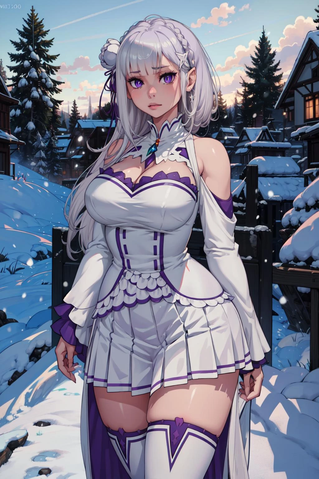 (masterpiece:1.2, best quality:1.2, beautiful, high quality, highres:1.1, aesthetic), detailed, extremely detailed, ambient soft lighting, 4K, perfect eyes, perfect face, perfect lighting, 1girl, solo, huge breasts, huge thighs, narrow waist, wide hips, thick thighs, curvy, standing, looking at viewer, facing viewer, Emilia, white_dress, pleated_white_skirt, white_thigh_boots, gray hair, blue pupils, purple eyes, ringed eyes, snowfield, giant tree covered in snow, shooting ice, magic, magic ice <lora:EmiliaV32:1>