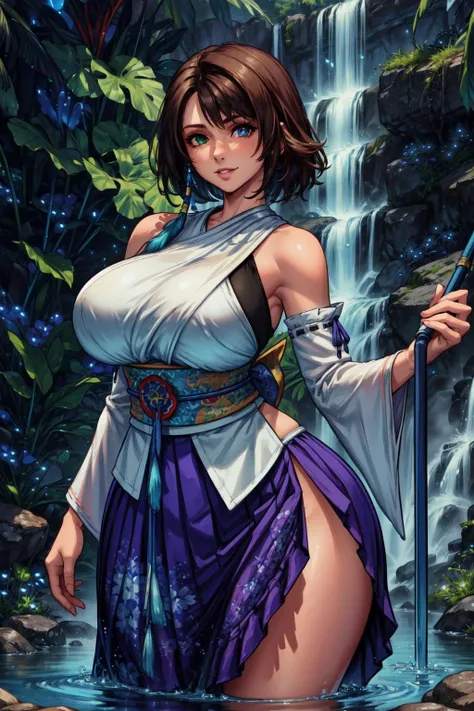 (masterpiece:1.2, best quality:1.2, beautiful, high quality, highres:1.1, aesthetic), detailed, extremely detailed, ambient soft lighting, 4K, perfect eyes, perfect face, perfect lighting, 1girl, solo, huge breasts, huge thighs, narrow waist, wide hips, thick thighs, curvy, standing, holding blue staff, looking at viewer, facing viewer, forest background, water spring, water pool, FFX Macalania, night, blue crystals in background, outdoors, YunaFFX, heterochromia, smile, short hair, YunaOutfit, hair ornament, detached sleeves, hakama, sash, hakama skirt, long skirt <lora:Yuna:1> <lora:add_detail:0.7>