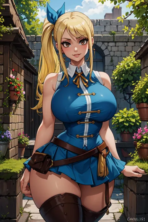 lucy heartfilia, blonde hair, long hair, side ponytail, blue ribbon, large breasts, earrings, thigh boots, blue shirt, sleeveless shirt, white skirt, brown eyes, looking at viewer, smile (masterpiece:1.2, best quality:1.2, beautiful, high quality, highres:1.1, aesthetic), detailed, extremely detailed, ambient soft lighting, 4K, perfect eyes, perfect face, perfect lighting, 1girl, solo, huge breasts, narrow waist, wide hips, thick thighs, curvy, standing, holding golden key, looking at viewer, garden background, outdoors <lora:lucy_heartfilia_v11:0.8>