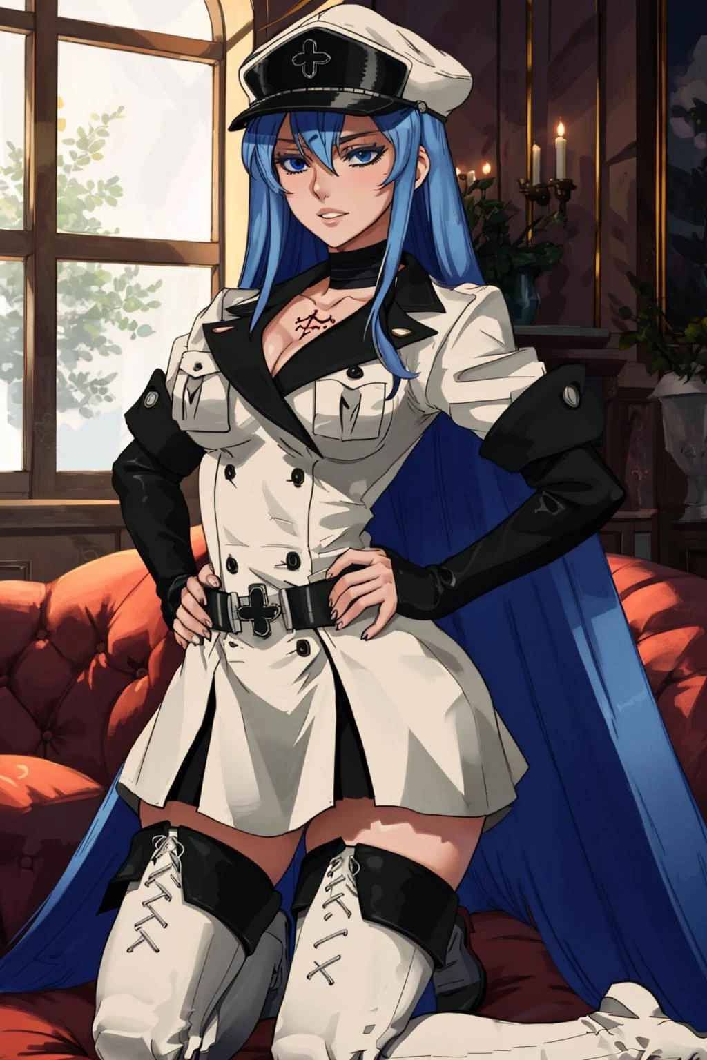 beautiful woman, solo, medium breasts, long hair, blue hair, blue eyes, white military uniform, peaked cap, thigh boots, thigh boots, black belt, kneeling, (best quality), (detailed), masterpiece, natural light, perfect lighting, detailed face, perfect composition, <lora:esdeathV2_akame_ga_kill:0.8> esdeath,