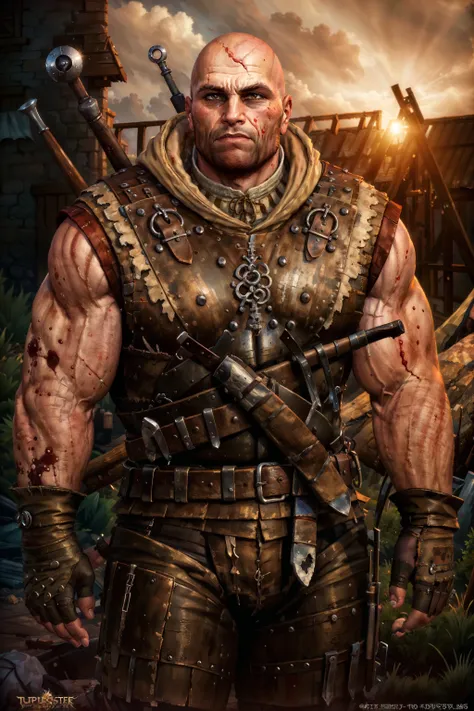 (masterpiece, top quality, best quality, official art, detailed:1.2), <lora:letho:0.7>, letho_soul3142, vest, blood, facial hair, scar on face, beard, injury, realistic, blood on clothes, bald, muscular