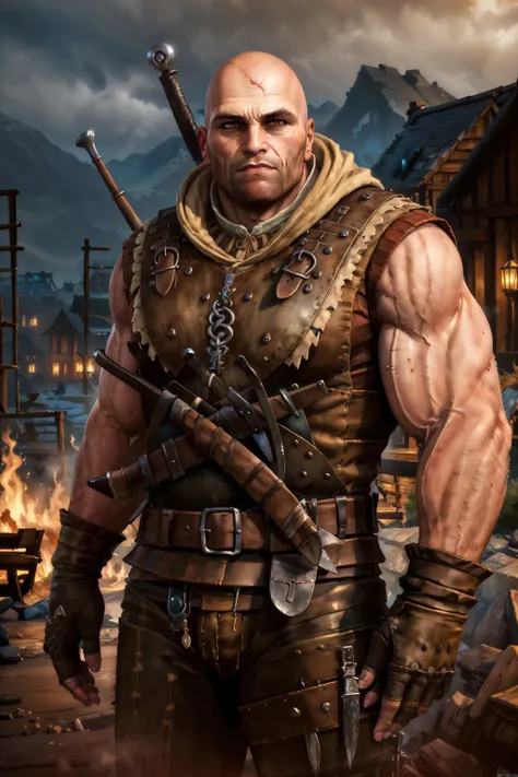(masterpiece, top quality, best quality, official art, detailed:1.2), <lora:letho:0.7>,letho_soul3142, solo, looking at viewer, fingerless gloves, weapon, male focus, vest, medallion, belt, pants, sword, muscular, facial hair, scar on face, sheath, beard, brown gloves, realistic, bald