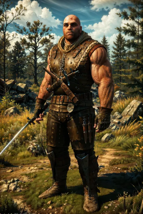 (masterpiece, top quality, best quality, official art, detailed:1.2), <lora:letho:0.7>, letho_soul3142, solo, fingerless gloves, weapon, male focus, sword, tree, muscular, facial hair, scar on face, grass, nature, beard, realistic, bald