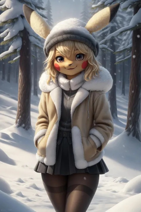 (best quality, masterpiece, RAW photo,ultra-detailed:1.2), <lyco:GoodHands-beta2:1.0>,1girl,solo,looking at viewer, smile, (hair over right eye:1.2),Pikachu, jacket, blonde hair,Black skirt,(yellow pantyhose stocking:1.2), beautiful, movie still,pikapoke, <lora:PIKAPOKE:0.6>(coat), outdoor, (snow:1.3), trees,(wool hat),(throwing snowball)