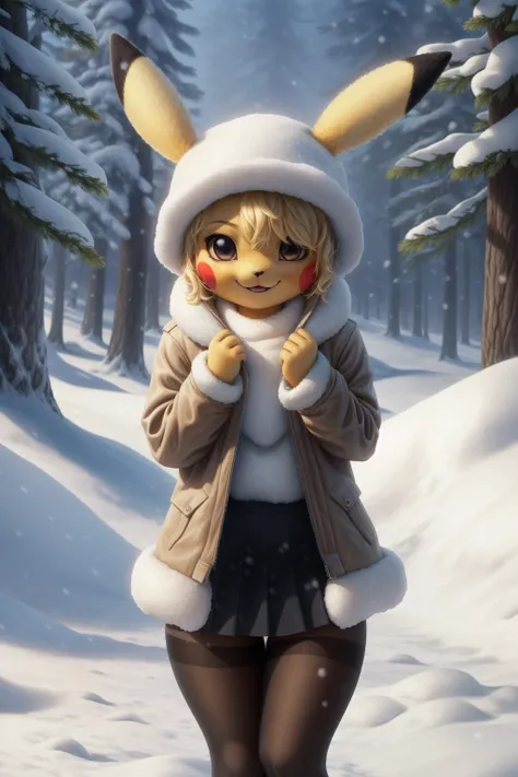 (best quality, masterpiece, RAW photo,ultra-detailed:1.2), <lyco:GoodHands-beta2:1.0>,1girl,solo,looking at viewer, smile, (hair over right eye:1.2),Pikachu,  jacket, blonde hair,Black skirt,(yellow  pantyhose stocking:1.2), beautiful, movie still,pikapoke, <lora:PIKAPOKE:0.6>(coat), outdoor, (snow:1.3), trees,(wool hat),(throwing snowball)