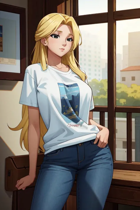 (masterpiece:1.2, best quality:1.2, beautiful:1.1, high quality, 4k:1.1, aesthetic), detailed, extremely detailed, ambient soft lighting, flawless, hires, 1girl, big breasts, solo, t-shirt, jeans, blonde hair, long hair, black eyes, park, <lora:deilan12:0.85>
