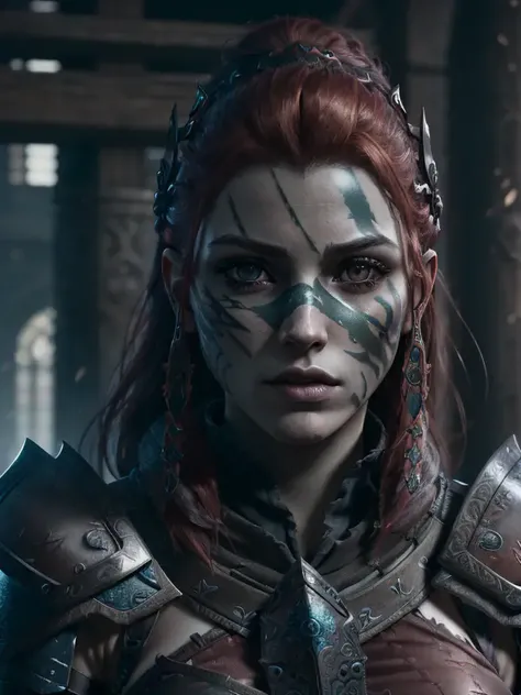 masterpiece, best quality, octane render, intricate detail, Aela, 3 lines war paint, insanely detailed eyes, beautiful face, detailed dark red hair, skin pores, <lora:RiGv1RS:0.8>, <lora:hipoly3DModelLora_v10:0.3>