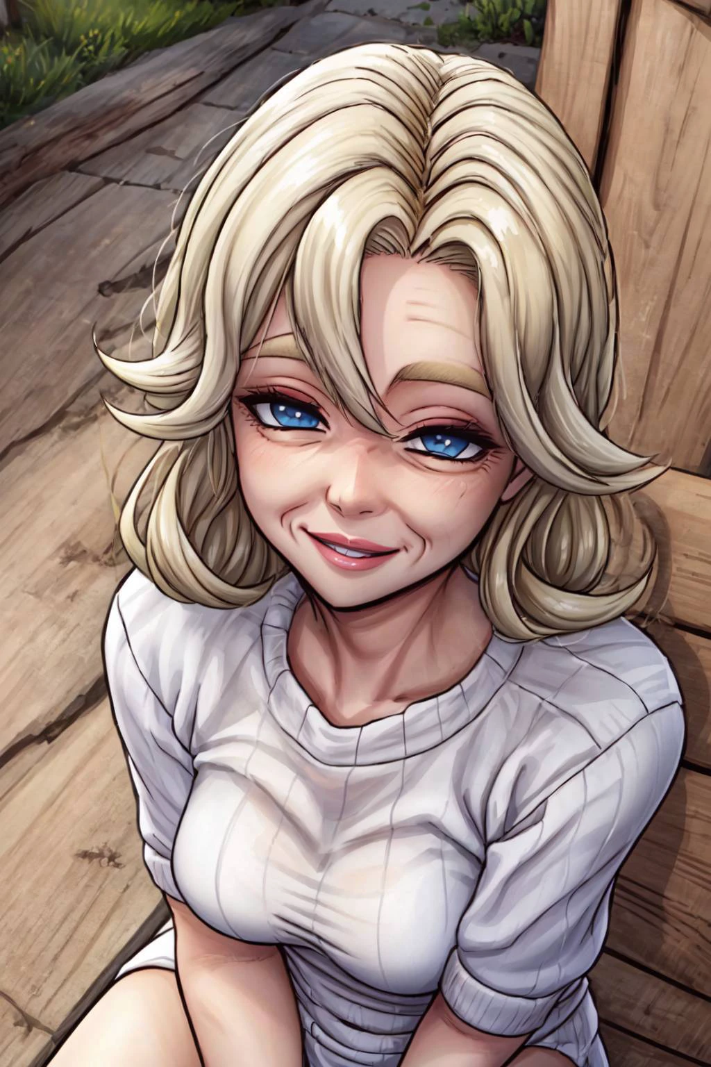 (detailed eyes:1.3), Beautiful Lighting, (1girl:blue eyes, blonde hair, absurdly long hair, (hair between eyes:1.1)), (real skin), <lora:Tool - Detail up:1>, <lora:y:1>, <lora:good nipples:0.2>,
(outdoors, alley:1.3),
Gilf, <lora:lora:0.8>, cowboy shot, smile, old woman, sitting on bench, from front, sweater,