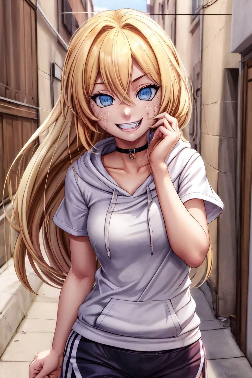 (detailed eyes:1.3), Beautiful Lighting, (1girl:blue eyes, blonde hair, absurdly long hair, (hair between eyes:1.1)), (real skin), <lora:Tool - Detail up:1>, <lora:y:1>, <lora:good nipples:0.2>,
(outdoors, alley:1.3),
evil grin, <lora:test:1>, (byakugan:1.2),, hoodie, dolphin shorts, black choker, short sleeves,