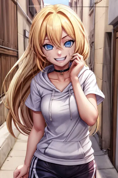 (detailed eyes:1.3), Beautiful Lighting, (1girl:blue  eyes, blonde hair, absurdly long hair, (hair between eyes:1.1)), (real skin), <lora:Tool - Detail up:1>, <lora:y:1>, <lora:good nipples:0.2>,
(outdoors, alley:1.3), 
evil grin, <lora:test:1>, (byakugan:1.2),, hoodie, dolphin shorts, black choker, short sleeves,