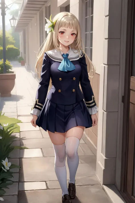 masterpiece, best quality, magnolia arch, hair flower, black schoolgirl uniform, ascot, hallway, walking, smile <lora:magnolia-nvwls-v4-000009:0.8>