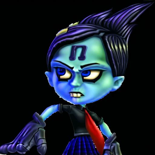 solo, black hair, necktie, crash bandicoot, blue skin, skirt, blue eyes, nina cortex, video game, transparent background, colored skin, 1girl, purple hair